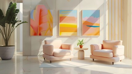 Interior of living room with orange armchairs and posters, Generative AI illustrations