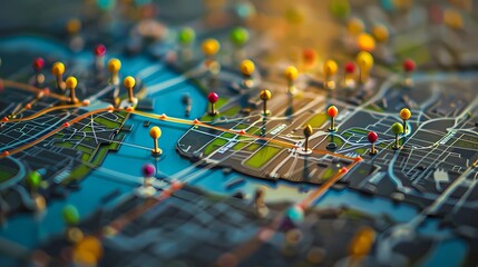 Miniature city map with colorful pins, Generative AI illustrations.