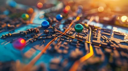 Close up miniature city map with colorful pins, , Technology background, Generative AI illustrations.