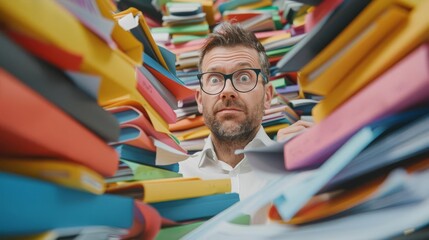 An HR manager sifting through piles of colorful resumes, looking for standout applicants for a specific role