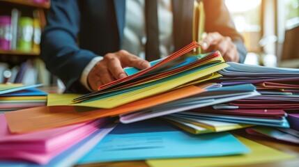 An HR manager sifting through piles of colorful resumes, looking for standout applicants for a specific role