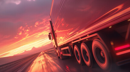 A red semi-truck drives down a highway in the desert at sunset. Big red truck hauling stuff on the highway.	
