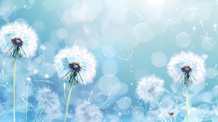 dandelion flower background with water droplets on a blue background