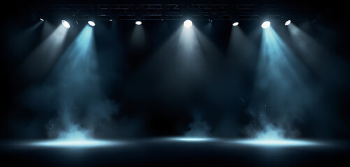 Illuminated stage with scenic lights and smoke.  Ray of scenic spot light over black smoky background, square stage illumination background photo