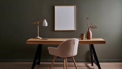 Frame mockup, wood table and chair, home room interior wall poster frame, 3D render