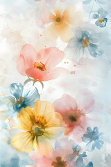 floral print of multi-colored flowers on a white background with space for text
