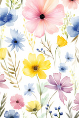 floral print of multi-colored flowers on a white background