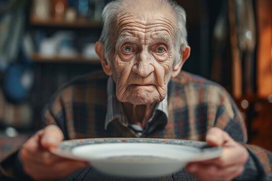Old man Elder handling an empty plate, a mature person with nutritional deficiencies.