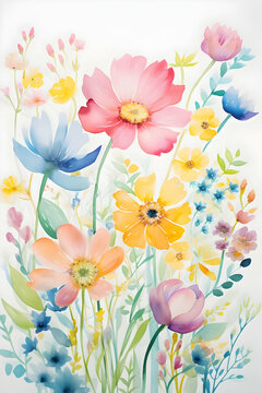 floral print of multi-colored flowers on a white background