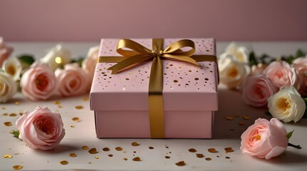 Pink gift box with golden confetti and flowers Womens.generative.ai