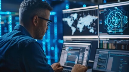 Obraz premium An IT security officer analyzing cybersecurity threats on a laptop, with firewall diagrams and antivirus software open