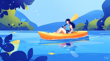 Smiling woman in kayak surrounded by serene water and greenery