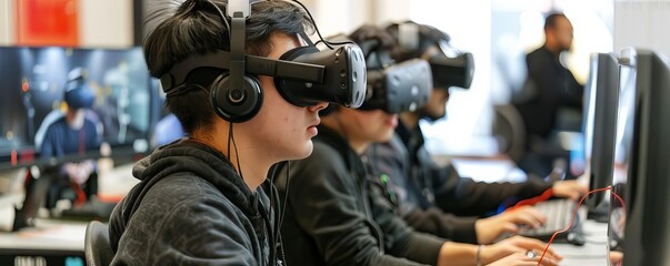 An online hackathon with participants coding, brainstorming, and presenting in a virtual reality environment