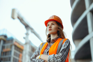 Obraz premium Attractive woman construction engineer with safety helmet at a construction site, construction industry concept background.