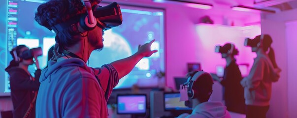 An online hackathon with participants coding, brainstorming, and presenting in a virtual reality environment