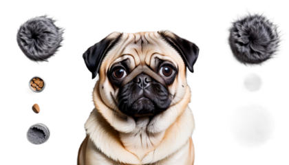 fur pug half dog only exposing gray canino puppy animal pet cute adorable beautiful sweet domestic grey furry funny creative concept closeup face head happy looking posing banner header postcard card