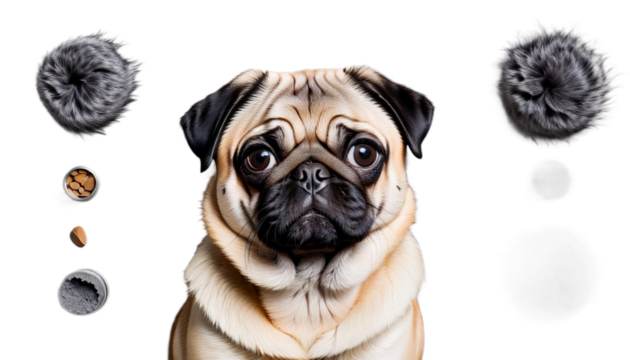 fur pug half dog only exposing gray canino puppy animal pet cute adorable beautiful sweet domestic grey furry funny creative concept closeup face head happy looking posing banner header postcard card