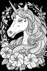 Obraz na płótnie Canvas close up black and white portrait of a unicorn with flowers for children's coloring books