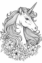 close up black and white portrait of a unicorn with flowers for children's coloring books