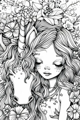 close up black and white portrait of a unicorn with a girl and flowers for children's coloring books