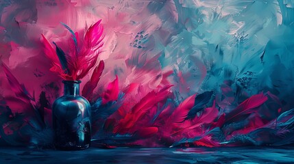 The image is an abstract painting. It has a blue background with a pink flower in the center. The painting has a lot of texture and brushstrokes.