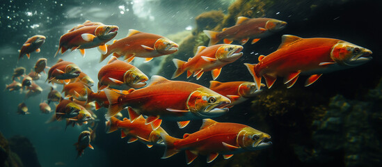 The underwater view of the migration of a school of red sockeye salmon from the ocean into the river to spawn