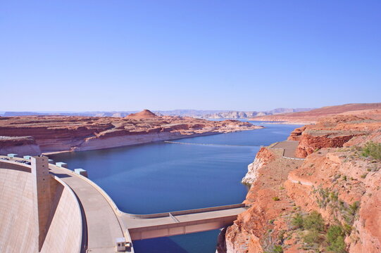 Glen Canyon Dam in the Grand Canyon Gorge, Arizona, USA. This dam was needed to create water reserves in the upper reaches of the Colorado River. 