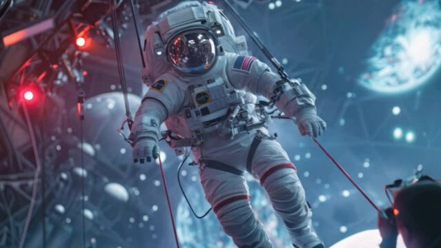 Behind the Scenes of a Virtual Reality Film - Film crew working with stunt women Caucasian female astronaut in a space suit hanging on wires against a large LED screen.