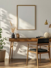 Frame mockup, wood table and chair, home room interior wall poster frame, 3D render