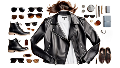jacket leather woman stylish sunglasses fashion style trendy cool outfit accessory chic edgy black clothing urban confident attitude fashionable modern female