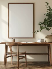 Frame mockup, wood table and chair, home room interior wall poster frame, 3D render