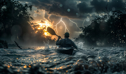 silhouette of a person in a kayaking boat on a stormy evening with rain and lighting	