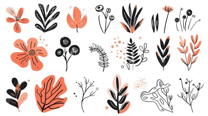 Compilation of Doodled Botanical and Abstract Glitter Designs with Editable Strokes Generative ai