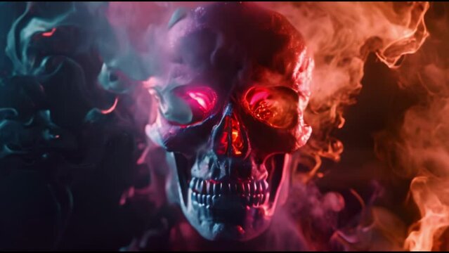 skull head In neon Lighting on a dark background