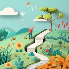 Whimsical Landscape with Winding Path and Vibrant Nature Elements