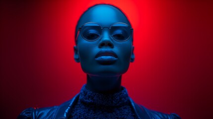 African-American fem,ale  Fashion model - stylish - quirky - idiosyncratic - -colorful - elegant - unique - red backgroubd 