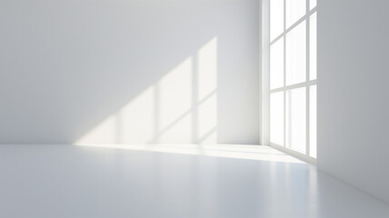 Empty minimalist room with large windows casting geometric shadows on white walls and floor in bright natural light.