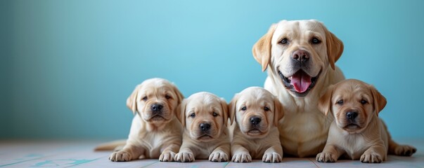 A joyful Labrador Retriever with her litter of puppies posing on a light blue background, all looking cheerful and curious.