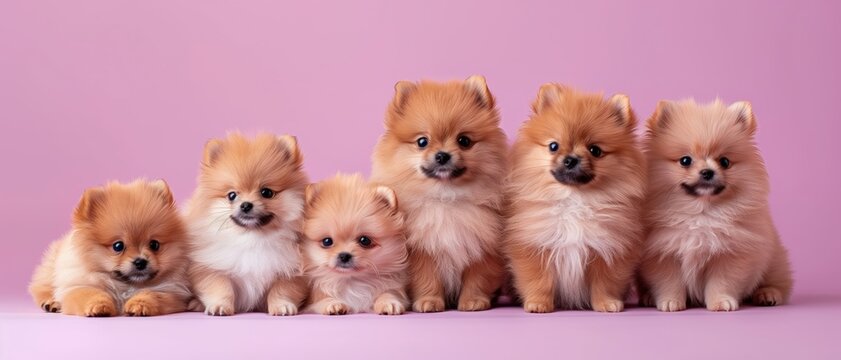 Six fluffy Pomeranian puppies posing adorably on a soft purple background, exuding charm and cuteness.