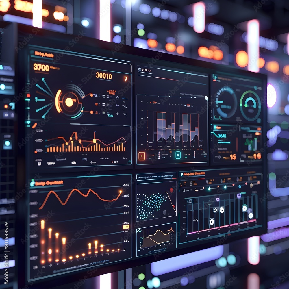 Poster futuristic digital analytics dashboard with data visualization and financial monitoring