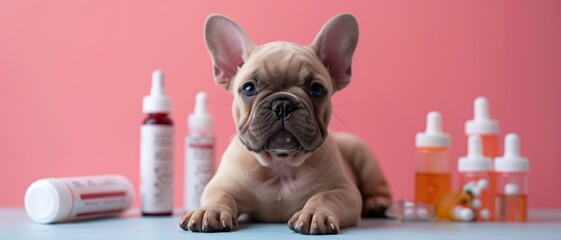 A French Bulldog lying among multiple medication bottles on a light pink background, focusing on pet health management.