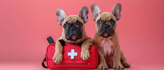 Two French Bulldog puppies peeking out of a red medical bag on a soft pink background, highlighting pet healthcare.