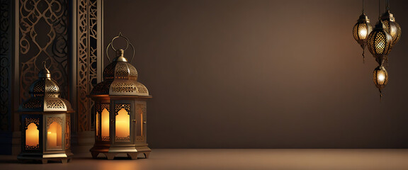 Eid Al Adha Lantern decoration background, glowing light, empty space. Ramadan Latern in the Night