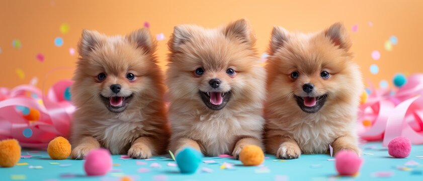 Three Pomeranian puppies in a festive setting with colorful decorations and toys, spreading joy and celebration vibes.