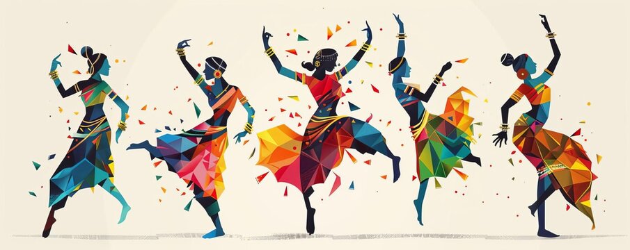 Stylized clipart featuring traditional Indian dancers engaged in patriotic performances