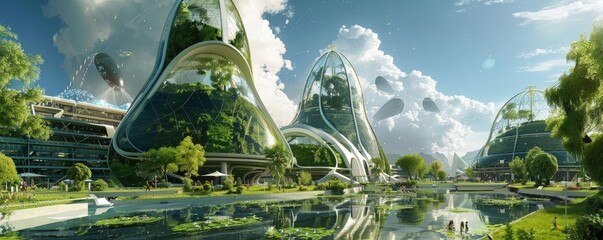 concept art of the future with megapolis buildings and waste management system, surrounded by lush green trees and a clear blue sky