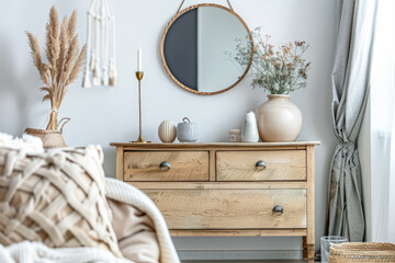 Rustic dresser with Scandinavian decor and copyspace for text.