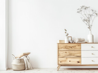 Rustic dresser with Scandinavian decor and copyspace for text.