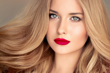 Beauty, makeup and hairstyle, face portrait of beautiful woman, red lipstick make-up and hair styling for skincare cosmetics, hair care, glamour style and fashion look idea
