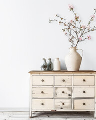 Rustic dresser with Scandinavian decor and copyspace for text.